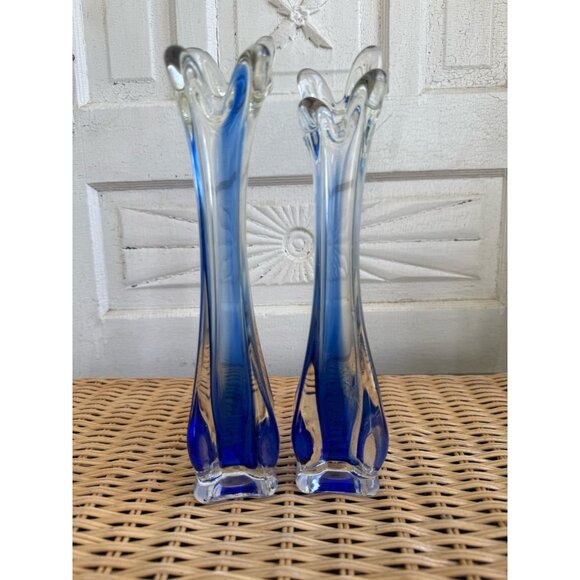 Vintage MCM Pair Clear Art Glass Cobalt Blue Swung Vases 10" - Picture 7 of 8